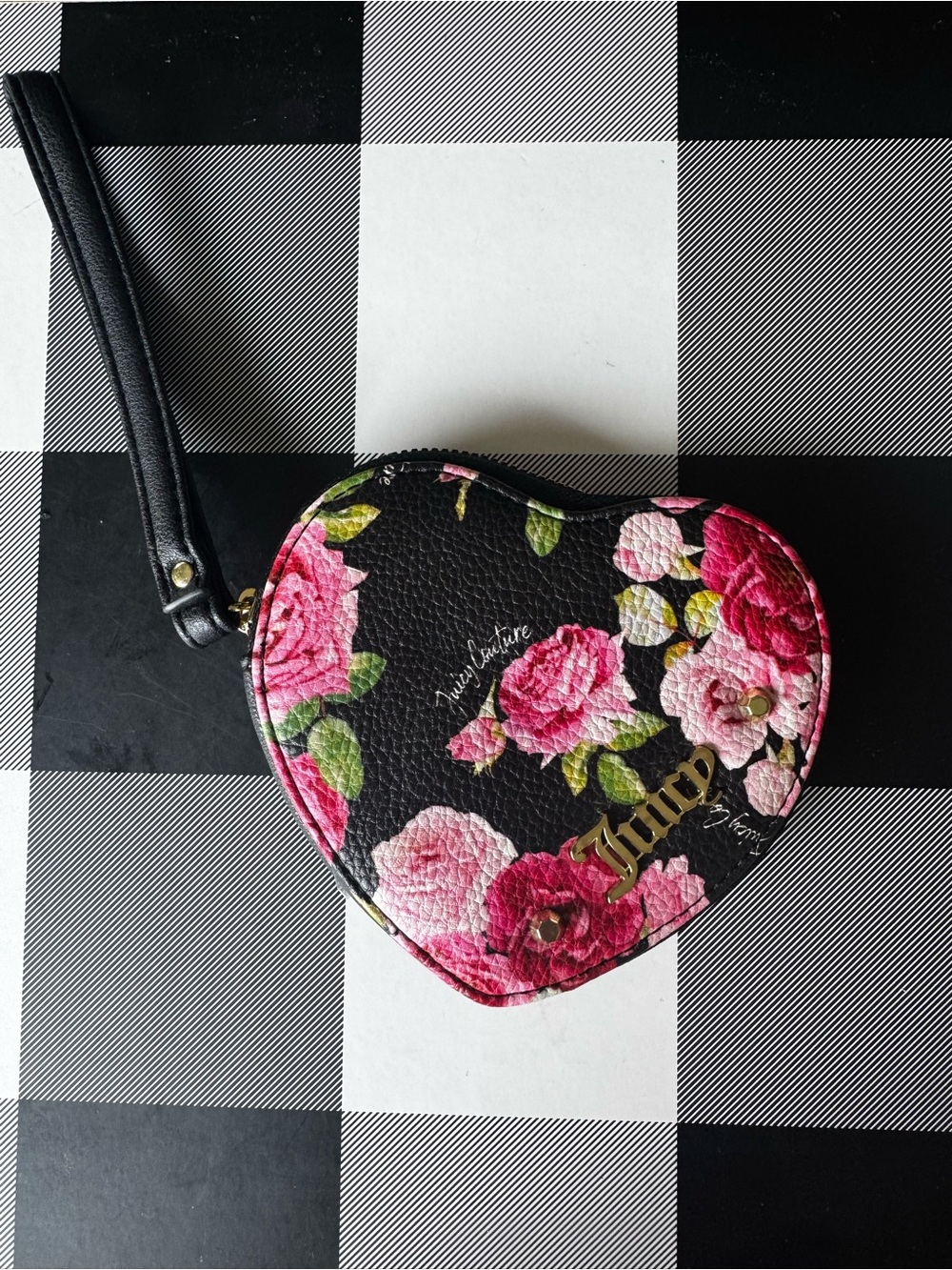 Juicy Couture Black Floral Heart Wristlet with Pink Roses